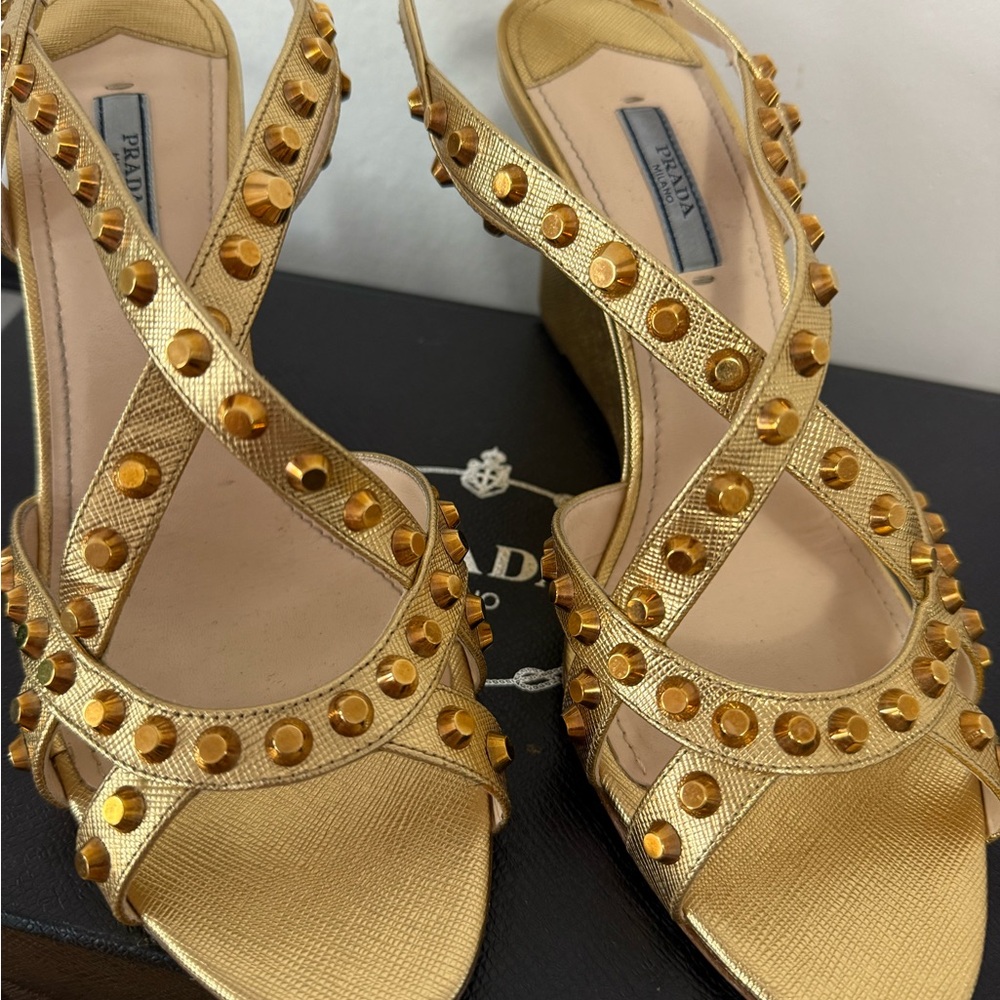 Prada Gold Wedge Sandals with Studded Straps
